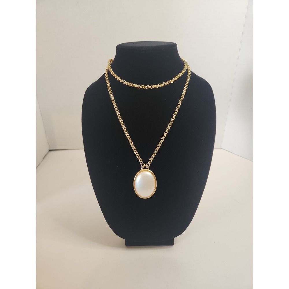 Vtg Trifari Opera Length Pendant Necklace 35" Claspless Faux Pearl Cabochon